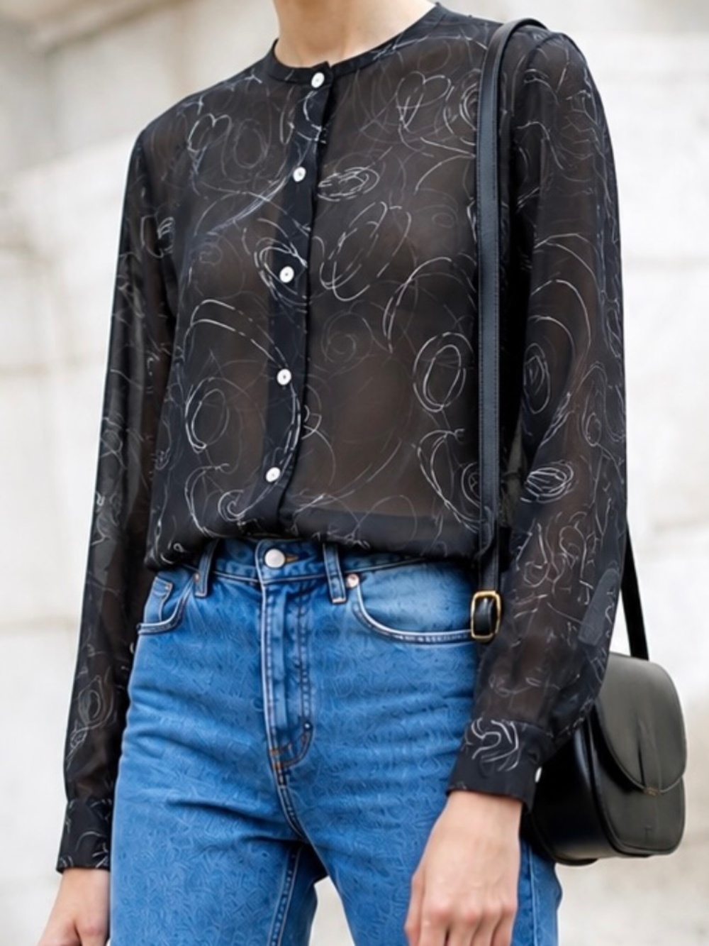 vintage RENA ROWEN black white button front blouse crew neck size S semi-sheer